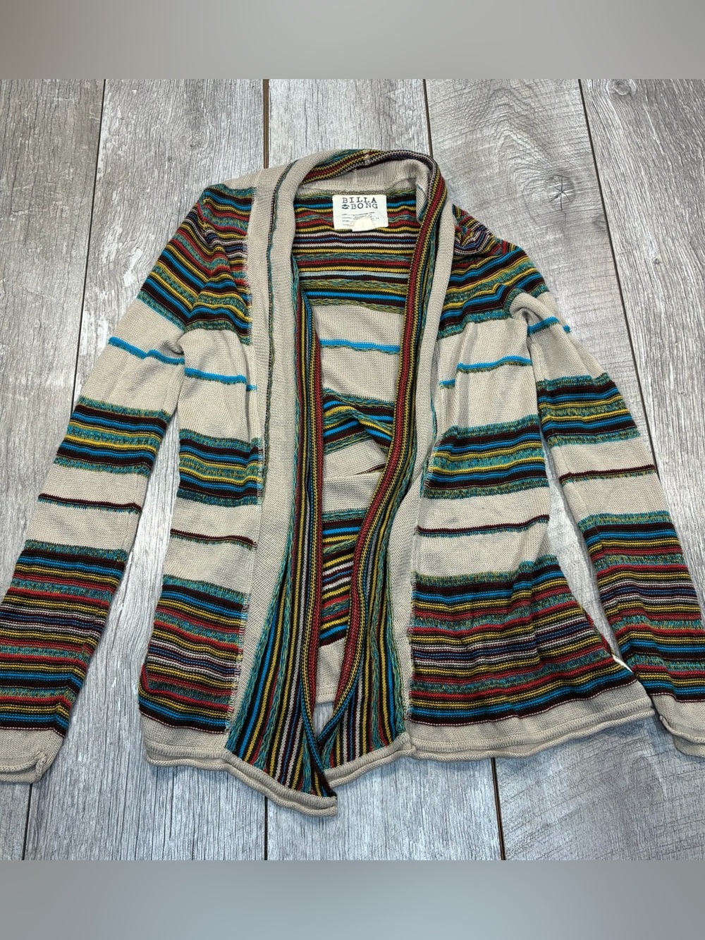 vintage Billabong open-front boho rainbow/tribal stripe cardigan draped medium